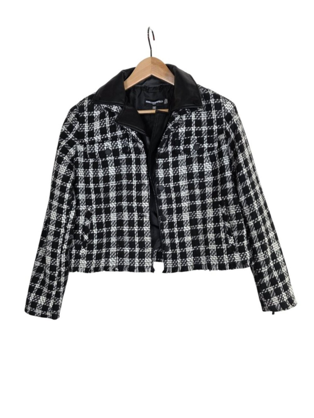Karl Lagerfeld Paris Black White Tweed Jacket with Faux-Leather Collar Size S